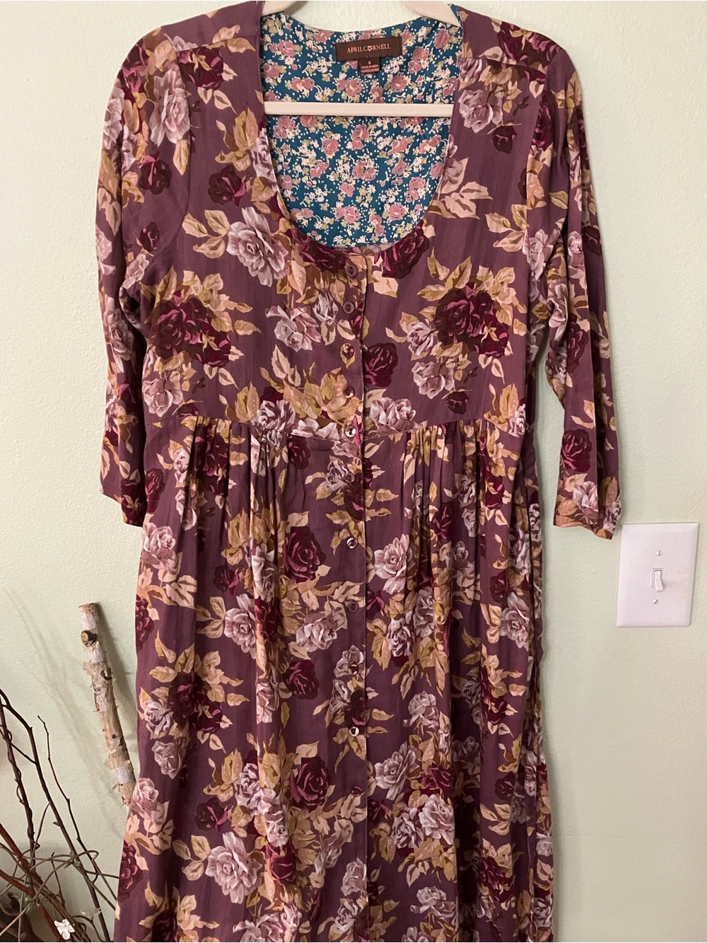 April Cornell Purple lilac pink multi floral midi flowy button down dress